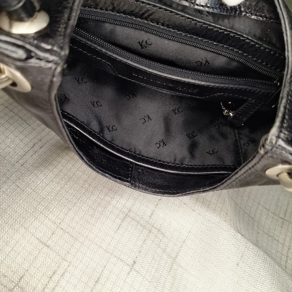Kenneth‎ Cole New York Black Leather Med Small Hobo Buckle Accent Handbag Purse